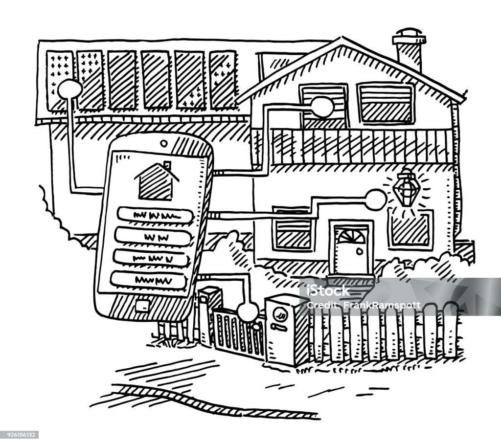 Smart Home Technology Infographic Drawing Hand-drawn vector drawing of a Smart Home Technology Infographic. Black-and-White sketch on a transparent background (.eps-file). Included files are EPS (v10) and Hi-Res JPG. Residential Building stock vector
