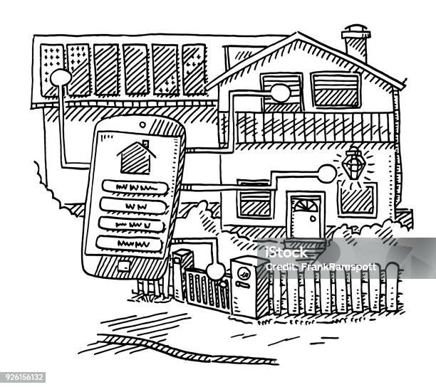 Smart Home Technology Infographic Drawing Stock Illustration - Download Image Now - Residential Building, Yard - Grounds, Automated