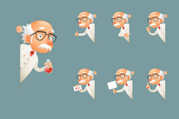 ilustraciones, imágenes clip art, dibujos animados e iconos de stock de adulto científico carácter viejo abuelo sabio atento esquina los iconos dibujos animados set diseño vector ilustración - professor teacher scientist expertise