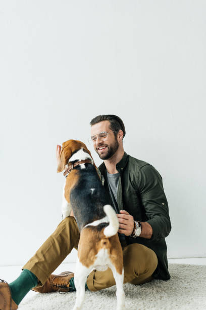 istock handsome smiling man playing with dog on carpet 926158832