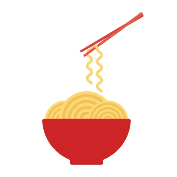 Vector illustration of Bowl with ramen noodles. Chopsticks holding noodle. Korean, Japanese, Chinese food. Vector