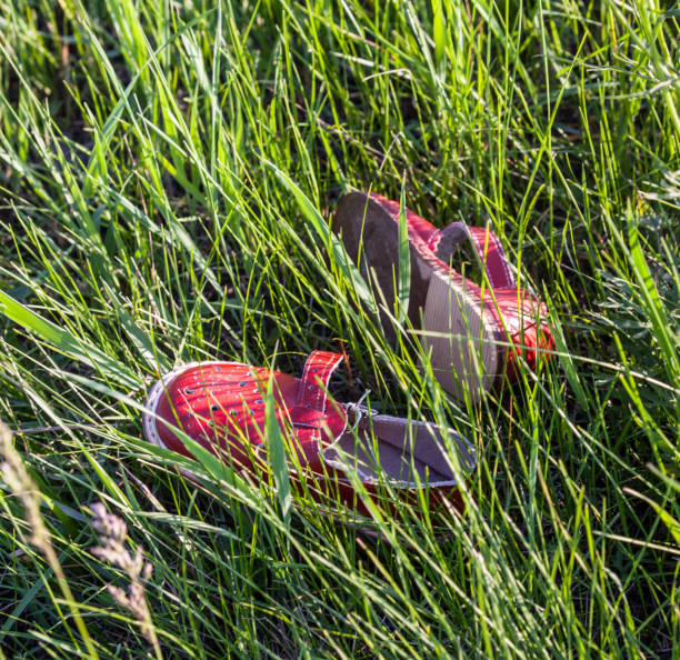 Woman standing in handmade raffia mules on the green grass surrounded by white wildflowers. Sustainable ethically made pair of slippers. Responsibly sourced shoes with eco-friendly materials.