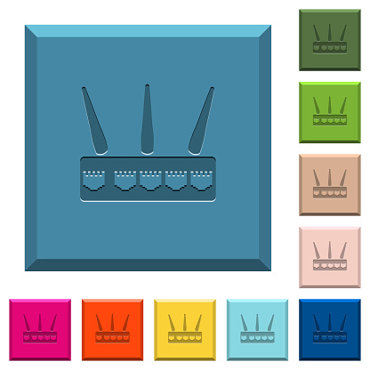 Wireless router engraved icons on edged square buttons in various trendy colors