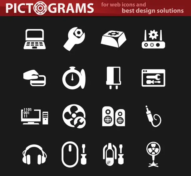 Vector illustration of Electronic repair white icons set