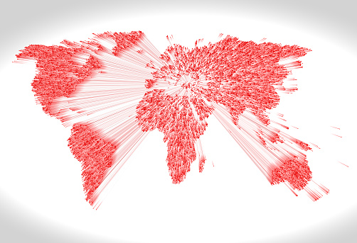 3d render of a heavy extruded red world map consisting of points
