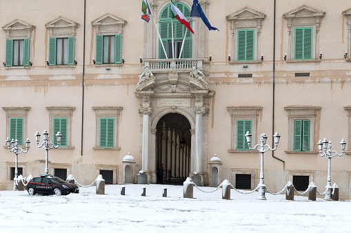 Rome, Italy - February 26, 2018: An exceptional weather event causes a cold and cold air across Europe, including Italy. Snow comes in the capital, covering streets and monuments of a white white coat. In the photo, Piazza del Quirinale, home of the President of the Republic.