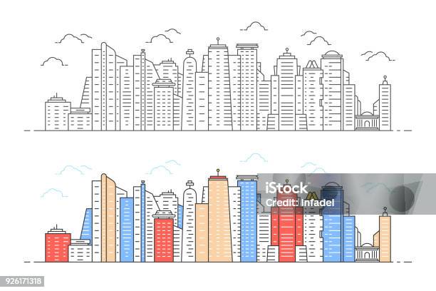 Ilustración de Vista De Ciudad Lineal Moderno Negro Y Color y más Vectores Libres de Derechos de República de Singapur - República de Singapur, Ilustración, Panorama urbano