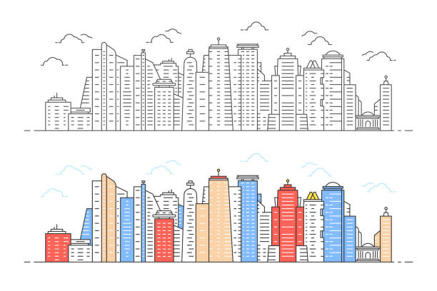 black and color linear modern city view black and color linear modern city view. concept of minimalistic facade of cityscape panorama. contour flat style trend stroke graphic simple art design illustration isolated on white background singapore flats stock illustrations