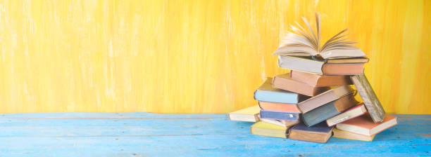 istock Opened Book on a pile of old books, panorama, good copy space 926179734