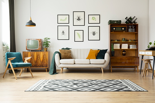 Vintage tv standing on a wooden cabinet next to a comfy couch in a stylish day room interior