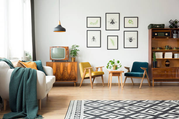 vintage furniture in a loft - wooden pattern audio imagens e fotografias de stock