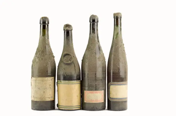 Photo of four  dusty bottles of old wine  lined on white background