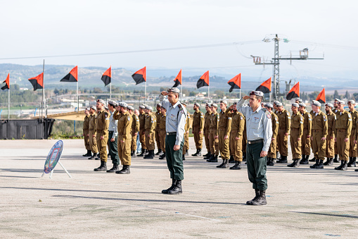 Mishmar David, Israel, Februar 21, 2018 : Soldier of the IDF salute at the formation in Engineering Corps Fallen Memorial Monument in Mishmar David, Israel
