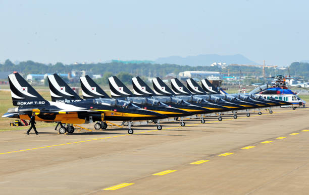 The South Korea  Airforces combat plane T-50 Black Eagle, at the Gyeonggi aviation air show in  the Air Force Base in Suwon, South Korea On October 11, 2014