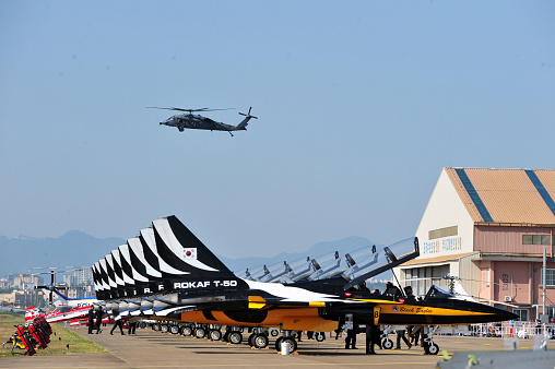 The South Korea  Airforces combat plane T-50 Black Eagle, at the Gyeonggi aviation air show in  the Air Force Base in Suwon, South Korea On October 11, 2014