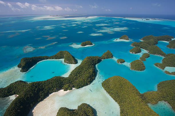 palau las islas rocosas - micronesia lagoon palau aerial view fotografías e imágenes de stock