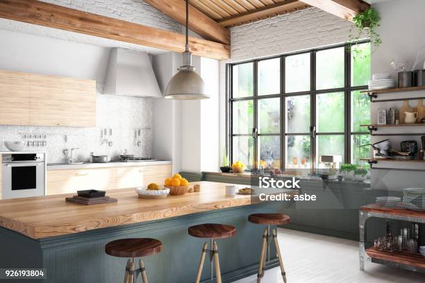 Loft Kitchen Stock Photo - Download Image Now - Kitchen, Wood - Material, Modern