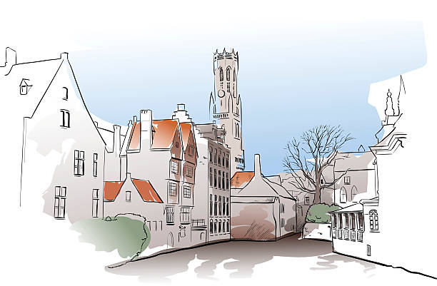 bruges wodne - bruges belgium history scenics stock illustrations