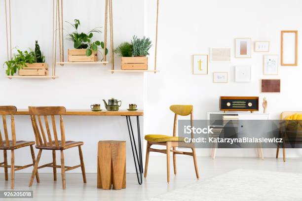 White Dining Room Interior Stock Photo - Download Image Now - Chair, Retro Style, Book