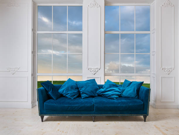 istock Spacious white living room with scenic window view 926212054