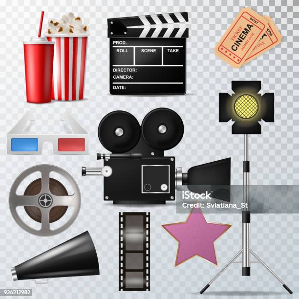 Realistisch 3dvektor Kino Filmindustrieobjekt Festgelegt Isoliert Stock Realistisch 3dvektor Kino Filmindustrieobjekt Festgelegt Isoliert Stock