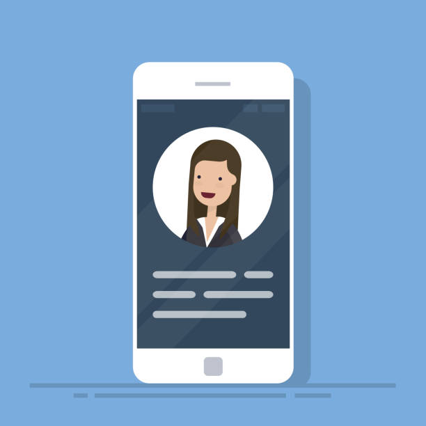 User contacts or profile card details on smartphone. Personal info data on mobile phone. Identity person photo and text clipart. Flat vector illustration isolated on blue background. User contacts or profile card details on smartphone. Personal info data on mobile phone. Identity person photo and text clipart. Flat vector illustration isolated on blue background profile view photos stock illustrations