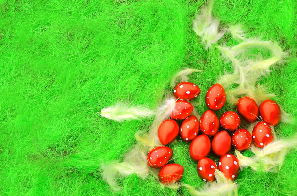 pisanki czerwone jaja na tle trawy łąkowej - nobody nature selective focus hand colored zdjęcia i obrazy z banku zdjęć