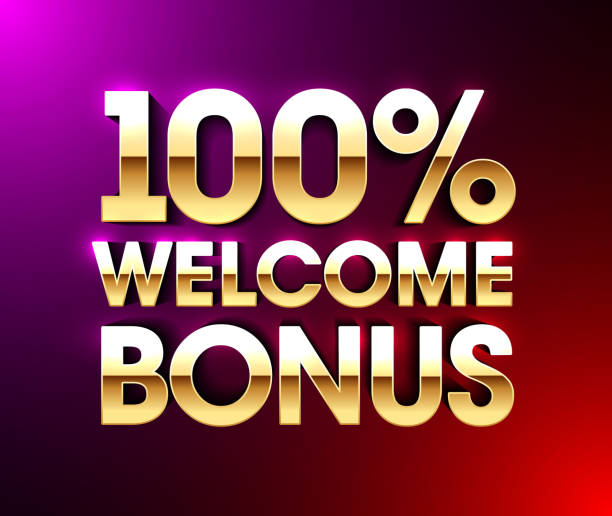 100% Welcome Bonus banner 100% Welcome Bonus banner, first deposit welcome bonus bright poster, gambling casino games, vector illustration free bingo stock illustrations