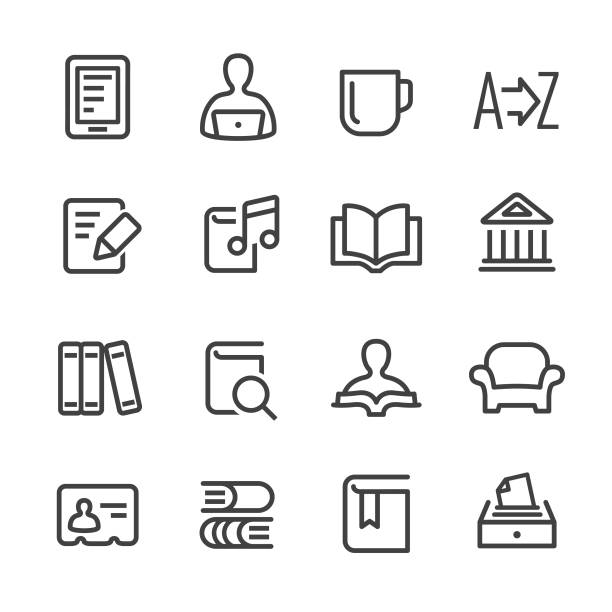 Library and books Icons - Line Series Library, books, reading, alphabetical stock illustrations
