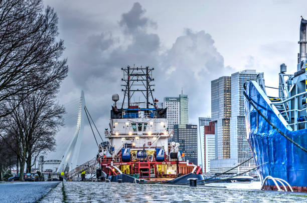 Rotterdam, The Netherlands, January 16, 2018: Sea going vessels moored at Parkhaven quay, with Erasmusbridge and the highrise of the southbank in the background