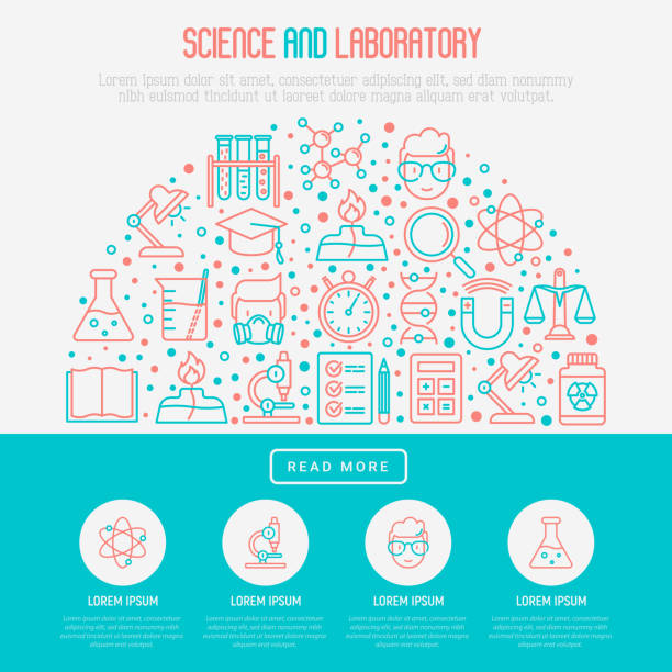 koncepcja naukowa i laboratoryjna w półkole z cienkimi ikonami linii naukowca, dna, mikroskopu, łusek, magnesu, respiratora, lampy spirytusowej. ilustracja wektorowa baneru, strony internetowej, nośników drukowanych. - beaker laboratory weight scale physics stock illustrations