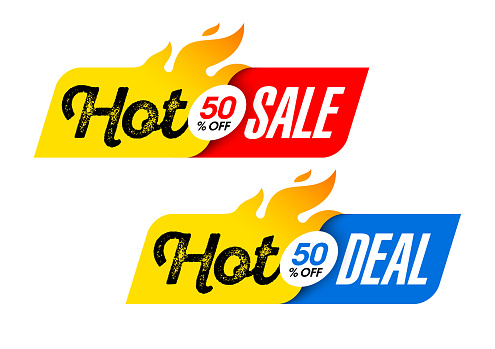 Hot Sale and Hot Deal banners, special offer, up to 50% off, vector illustration