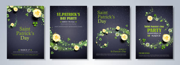 St. Patrick's Day Celebration Flyer Saint Patrick's Day party flyer, brochure, holiday invitation, corporate celebration. leprechaun hat, shamrock, pot with gold coins, horseshoe, green ale on black background. Vector illustration. gold clover stock illustrations