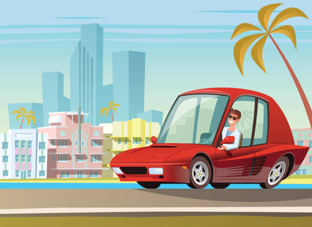 roter sportwagen am ocean drive in miami - classic sports car travel destinations status car stock-grafiken, -clipart, -cartoons und -symbole