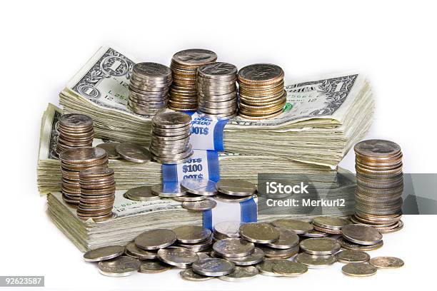 Stack Of Bank Notes With Piles Of Coins Stock Photo - Download Image Now - American One Hundred Dollar Bill, Banking, Coin