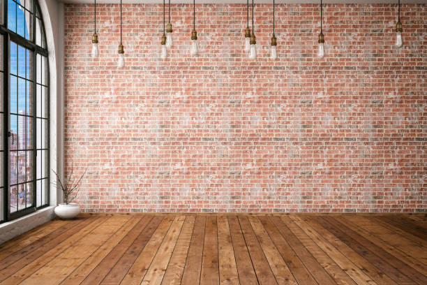 Empty Brick Wall Empty brick wall with edison lights parquet floor photos stock pictures, royalty-free photos & images