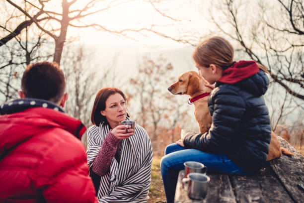 istock Family with dog sitting at a picnic table and talking 926246748