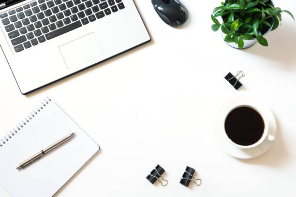 istock Open laptop on office desk table. Top view, copy space. 926249826