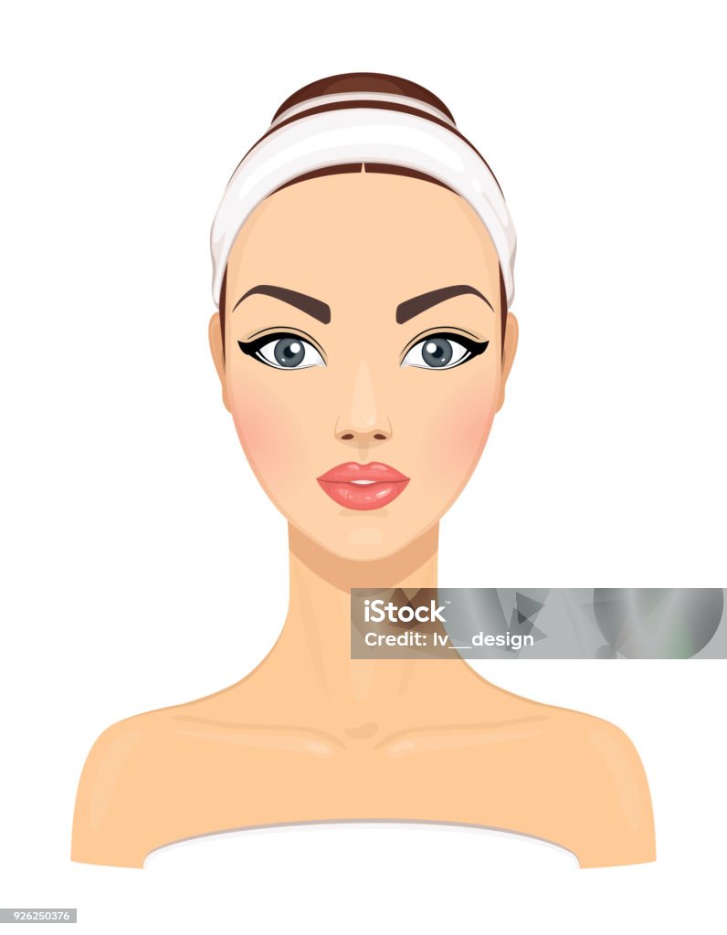 Mooie jonge vrouw met schone huid geïsoleerd op een witte achtergrond. Meisje avatar. Model voor gezicht schoonheidsbehandeling. Huid zorg concept. Vectorillustratie - Royalty-free Nek vectorkunst