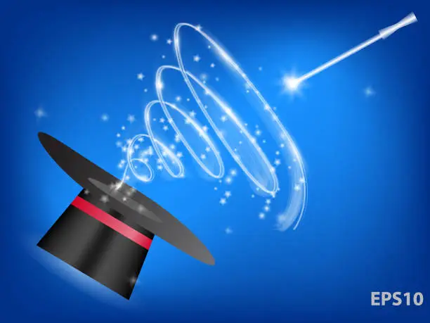 Vector illustration of Magic wand with waves from magician's hat. Vector illustration.