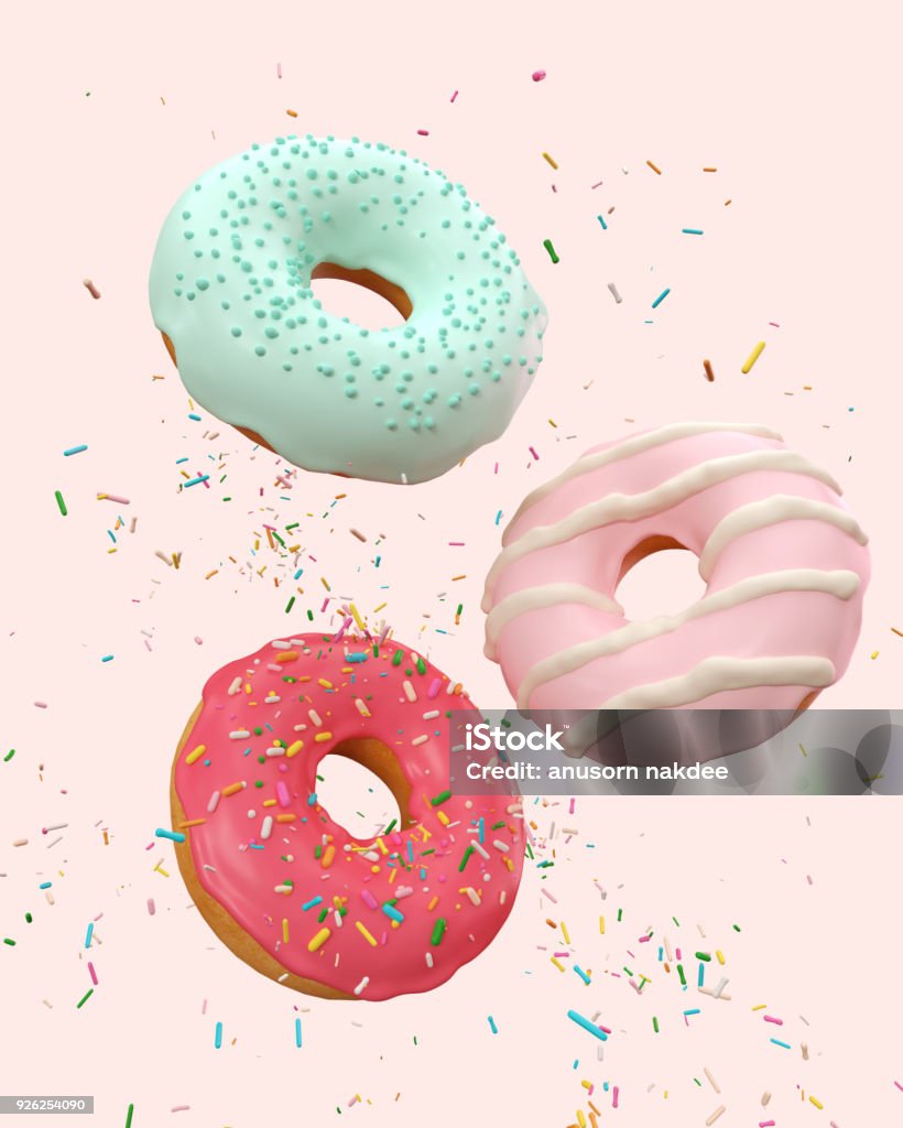 flying Pink and Blue doughnuts flying Pink and Blue doughnuts and sprinkled with Clipping path 3d Illustration. Doughnut Stock Photo