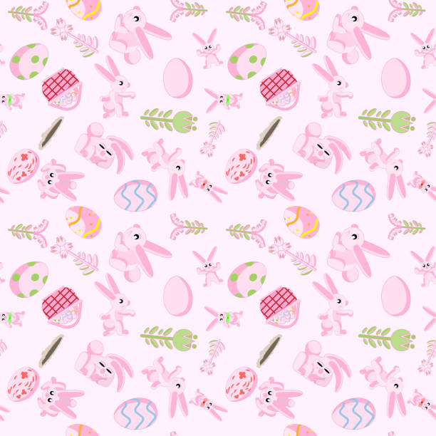 ilustrações de stock, clip art, desenhos animados e ícones de pattern of pink rabbits flowers and easter eggs pink background - color image colored background easter animal body part