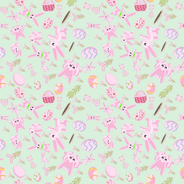 ilustrações de stock, clip art, desenhos animados e ícones de pattern of pink rabbits flowers and easter eggs green background - color image colored background easter animal body part