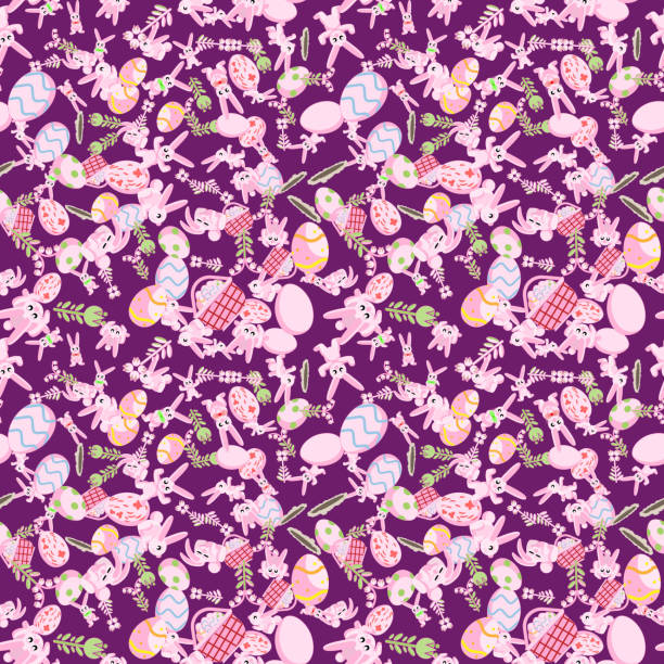 ilustrações de stock, clip art, desenhos animados e ícones de pattern of pink rabbits flowers and easter eggs purple background - color image colored background easter animal body part