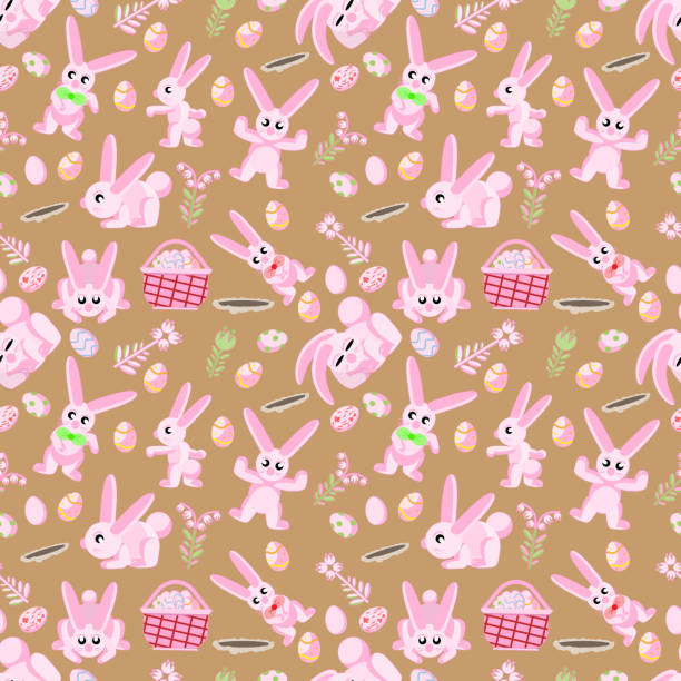 ilustrações de stock, clip art, desenhos animados e ícones de pattern of pink rabbits flowers and easter eggs brown background - color image colored background easter animal body part