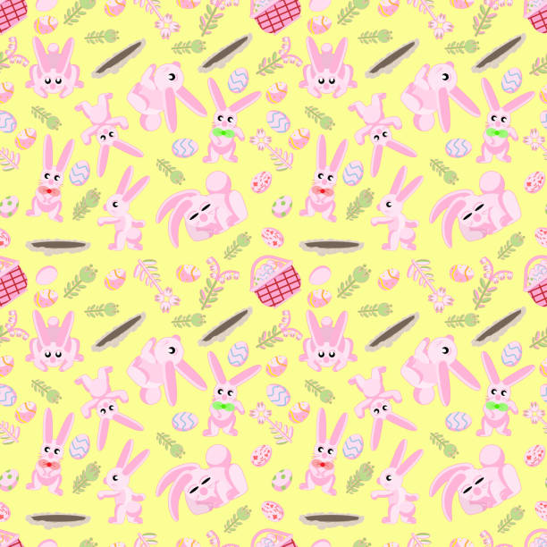 ilustrações de stock, clip art, desenhos animados e ícones de pattern of pink rabbits flowers and easter eggs yellow background - color image colored background easter animal body part