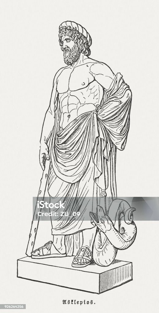 Asclepius (Esculape, Louvre), Greek-Roman god of medicine, published in 1897 Asclepius (Esculape) - hero and god of medicine in the Greek-Roman mythology. Wood engraving after an ancient roman sculpture in the Musée du Louvre, Paris, published in 1897. Greek God stock illustration