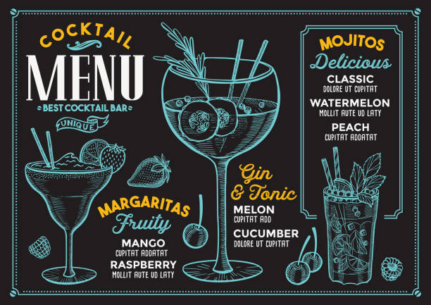 Cocktail menu for bar, drink template. vector art illustration