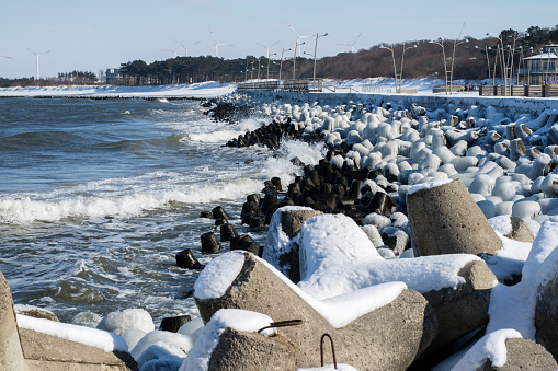 Fishing port in Poland. View of the estuary in the port in Europe. Winter time