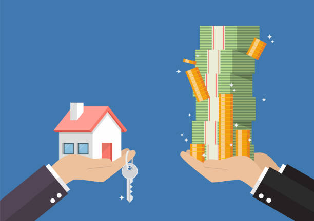 ilustrações de stock, clip art, desenhos animados e ícones de hand gives home and key to other hand with money cash - house house rental finance symbol